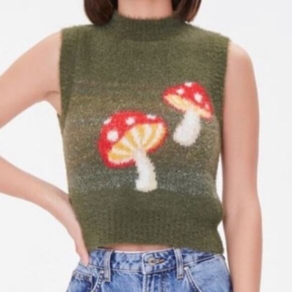 Forever 21 Green Fuzzy Mushroom Sweater Vest - Picture 1 of 8